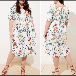 LOFT Floral Puff Sleeve Linen Blend Midi Dress Plus Size